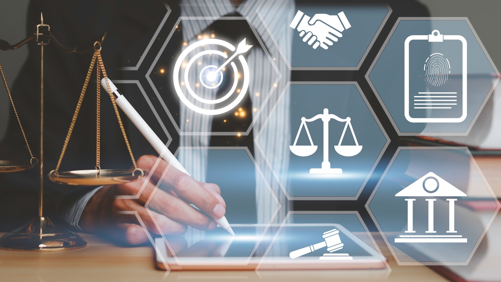 Justice lawyers with Judge gavel, Businessman in suit or lawyer Hiring lawyers in the digital system. Legal law, prosecution, legal adviser, lawsuit, detective, investigation,legal consultant.